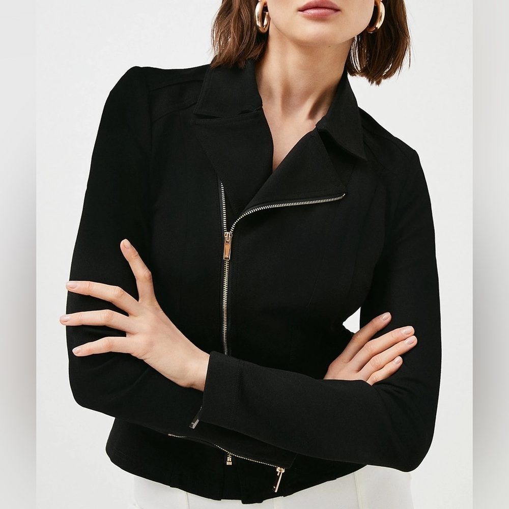 Karen Millen Moto Zip Through Collared Jersey Jacket Black Size 10 NEW